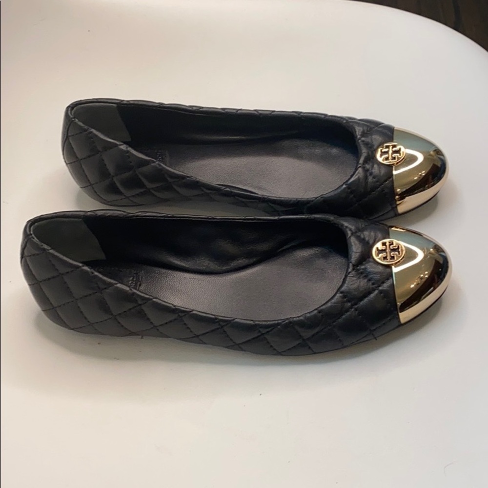 Tory Burch Black Quilted Leather Ballet Flats with Gold Cap Toe Emblem